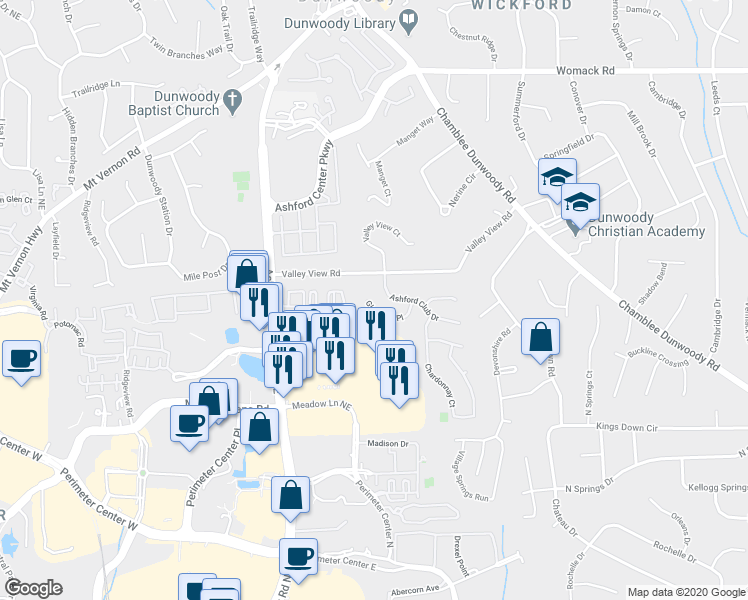 map of restaurants, bars, coffee shops, grocery stores, and more near 4648 Glenshire Place in Dunwoody