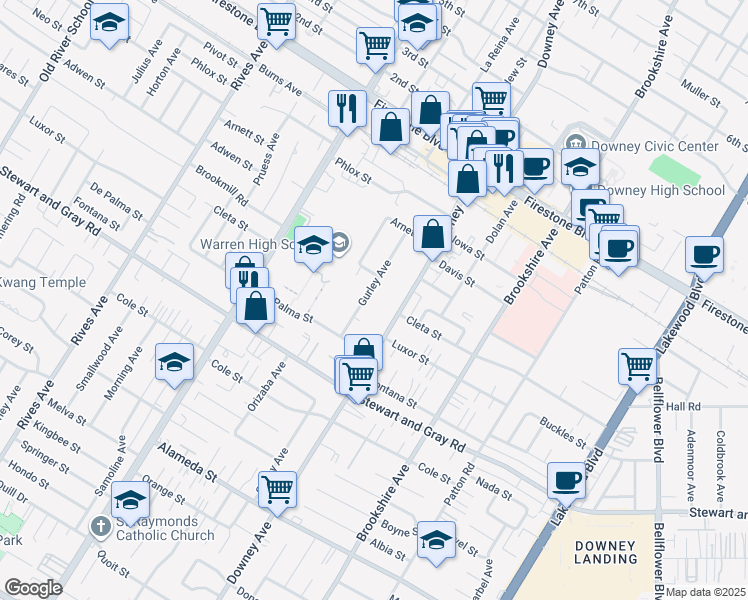 map of restaurants, bars, coffee shops, grocery stores, and more near 11700 Gurley Avenue in Downey