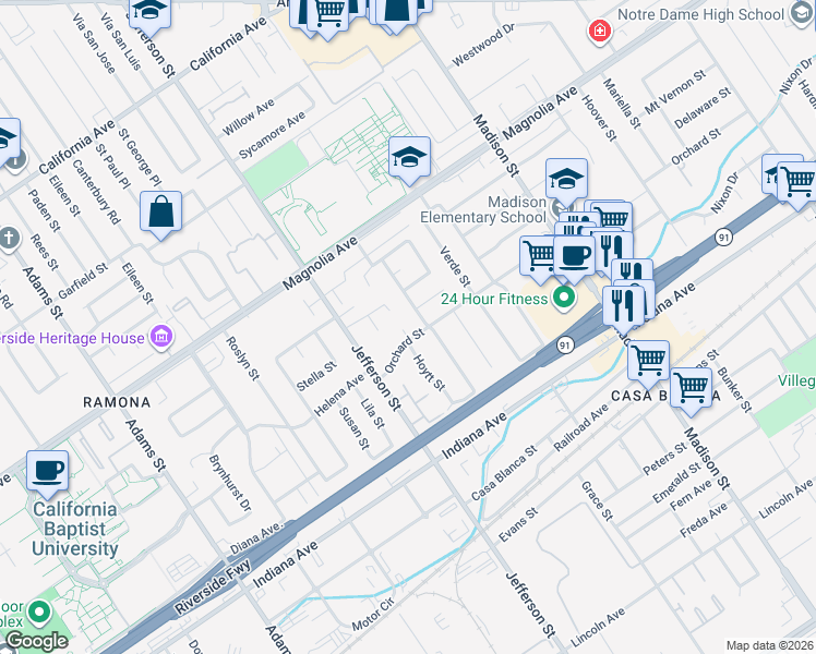 map of restaurants, bars, coffee shops, grocery stores, and more near 3628 Lillian Street in Riverside