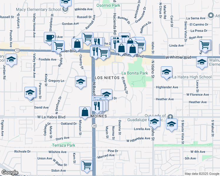 map of restaurants, bars, coffee shops, grocery stores, and more near 511 Ridgeway Lane in La Habra