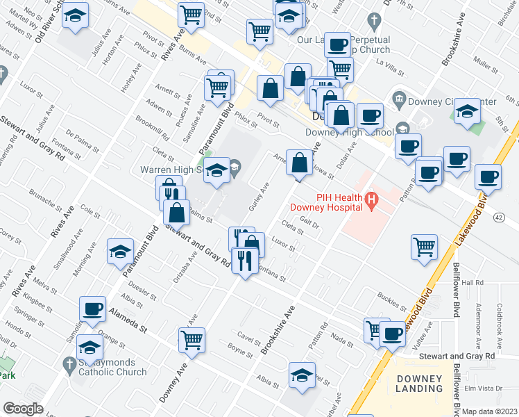 map of restaurants, bars, coffee shops, grocery stores, and more near 11628 Gurley Avenue in Downey