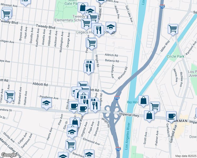 map of restaurants, bars, coffee shops, grocery stores, and more near 5205 Katella Road in South Gate