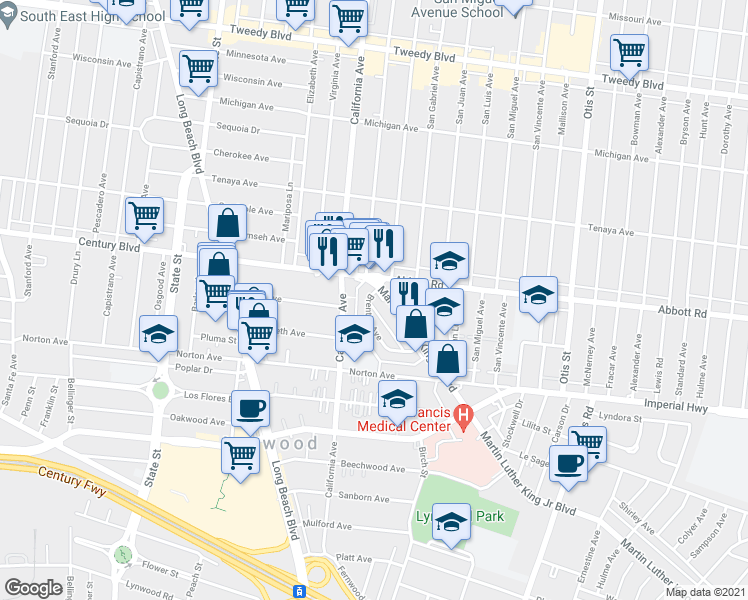 map of restaurants, bars, coffee shops, grocery stores, and more near 3506 Martin Luther King Junior Boulevard in Lynwood