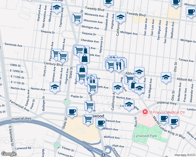 map of restaurants, bars, coffee shops, grocery stores, and more near 3382 Martin Luther King Junior Boulevard in Lynwood