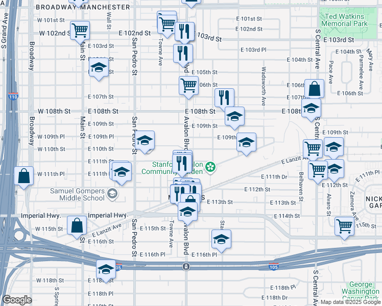 map of restaurants, bars, coffee shops, grocery stores, and more near 619 East 110th Street in Los Angeles