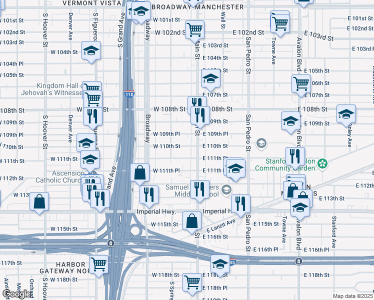 map of restaurants, bars, coffee shops, grocery stores, and more near 131 West 110th Street in Los Angeles