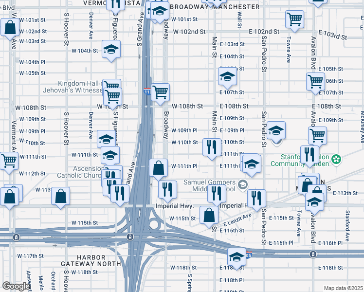 map of restaurants, bars, coffee shops, grocery stores, and more near 10967 South Spring Street in Los Angeles