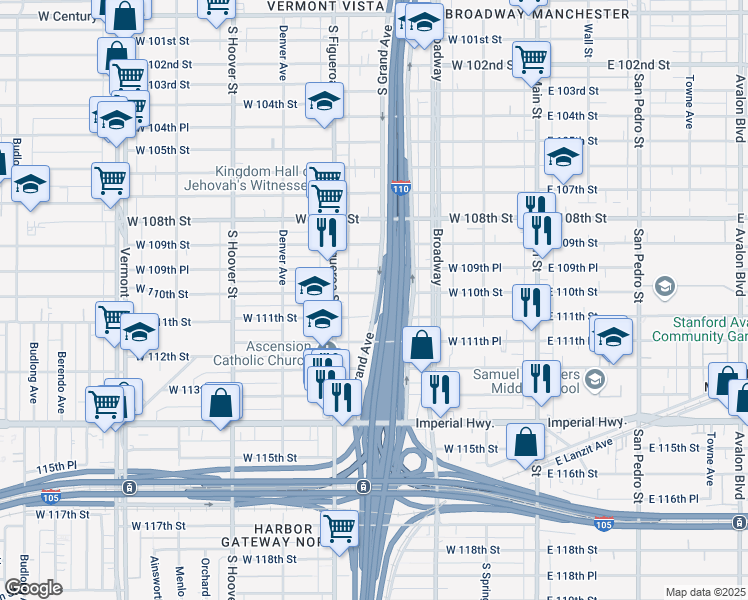 map of restaurants, bars, coffee shops, grocery stores, and more near 411 West 110th Street in Los Angeles