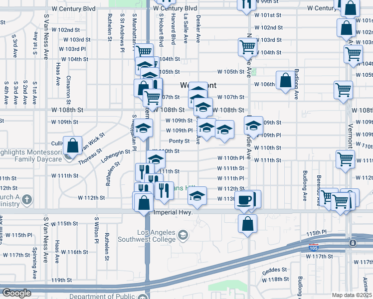 map of restaurants, bars, coffee shops, grocery stores, and more near 1601 Ponty Street in Los Angeles