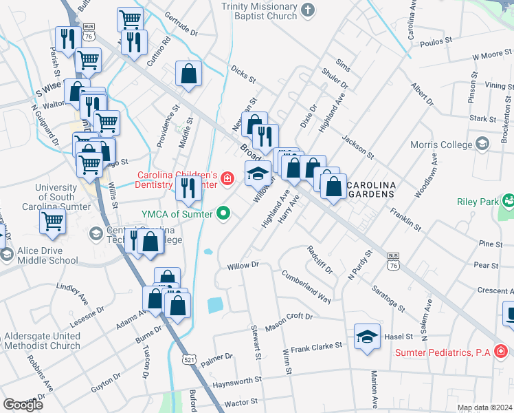 map of restaurants, bars, coffee shops, grocery stores, and more near 23a Willow Drive in Sumter