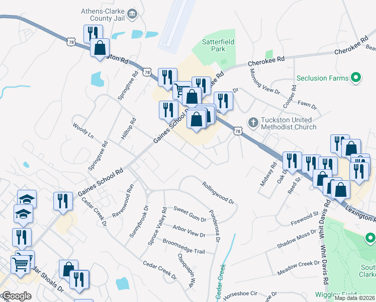map of restaurants, bars, coffee shops, grocery stores, and more near 150 Royale Road in Athens
