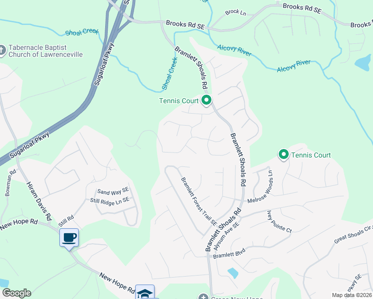 map of restaurants, bars, coffee shops, grocery stores, and more near 1303 Cartwright Lane Southeast in Lawrenceville