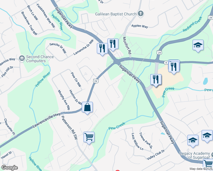 map of restaurants, bars, coffee shops, grocery stores, and more near 138 Wabash Drive Northwest in Lawrenceville