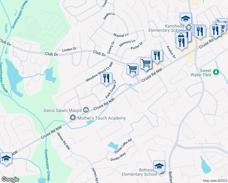 map of restaurants, bars, coffee shops, grocery stores, and more near 991 Park Creek Circle in Lawrenceville