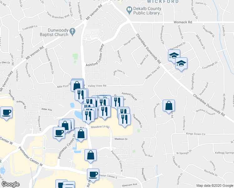 map of restaurants, bars, coffee shops, grocery stores, and more near 4648 Glenshire Place in Dunwoody