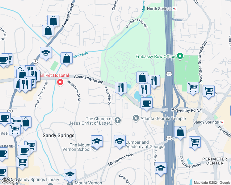map of restaurants, bars, coffee shops, grocery stores, and more near 6655 Sterling Drive in Sandy Springs