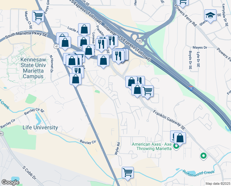 map of restaurants, bars, coffee shops, grocery stores, and more near 510 Augusta Drive in Marietta