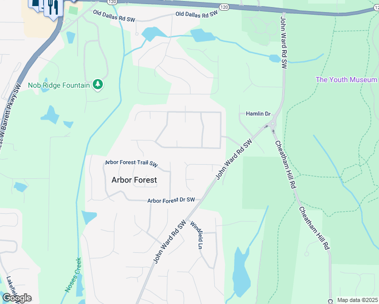 map of restaurants, bars, coffee shops, grocery stores, and more near 1898 Winding Creek Lane Southwest in Marietta