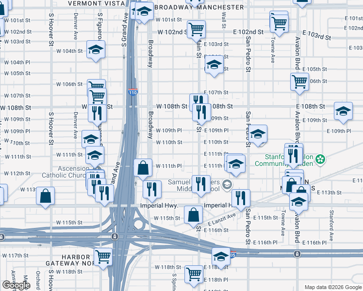 map of restaurants, bars, coffee shops, grocery stores, and more near 142 West 110th Street in Los Angeles