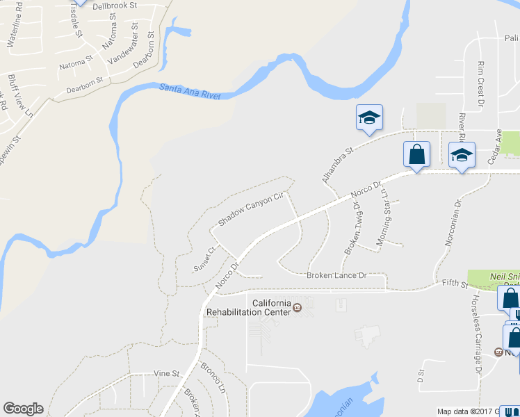 map of restaurants, bars, coffee shops, grocery stores, and more near 2910 Shadow Canyon Circle in Norco