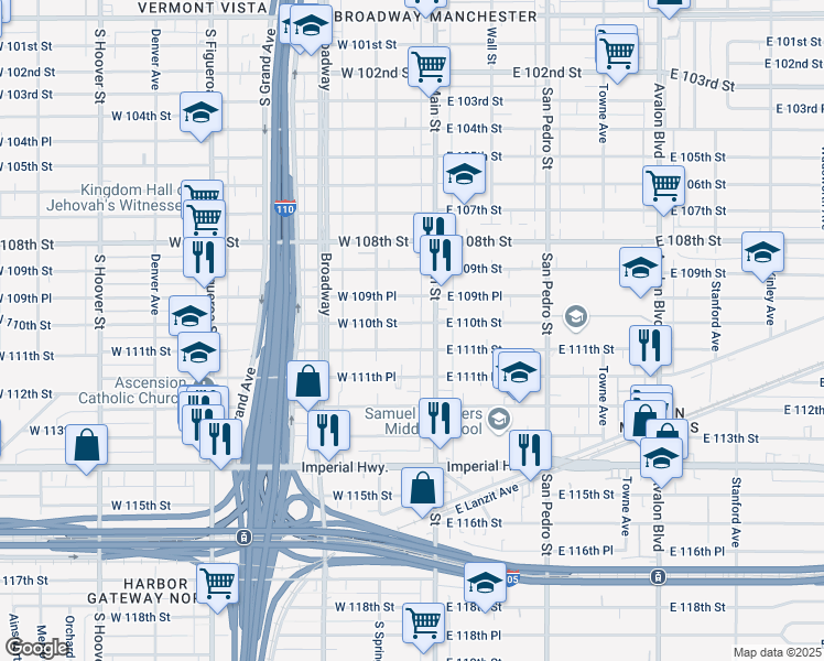 map of restaurants, bars, coffee shops, grocery stores, and more near 122 West 110th Street in Los Angeles