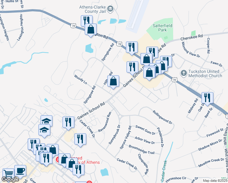 map of restaurants, bars, coffee shops, grocery stores, and more near 370 Gaines School Road in Athens