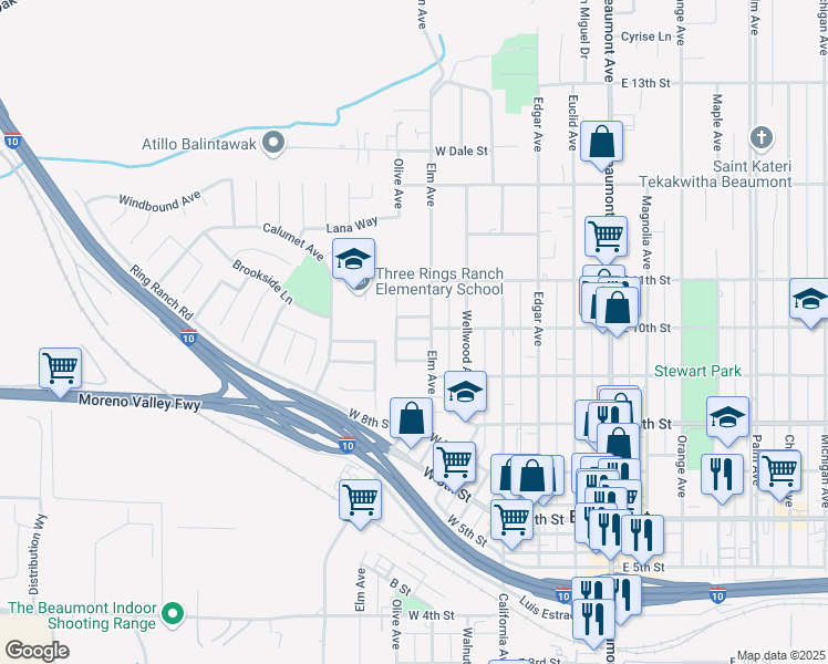 map of restaurants, bars, coffee shops, grocery stores, and more near 310 West 10th Place in Beaumont