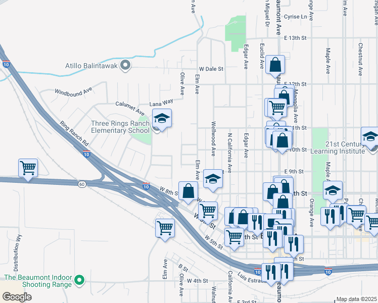 map of restaurants, bars, coffee shops, grocery stores, and more near 310 West 10th Place in Beaumont