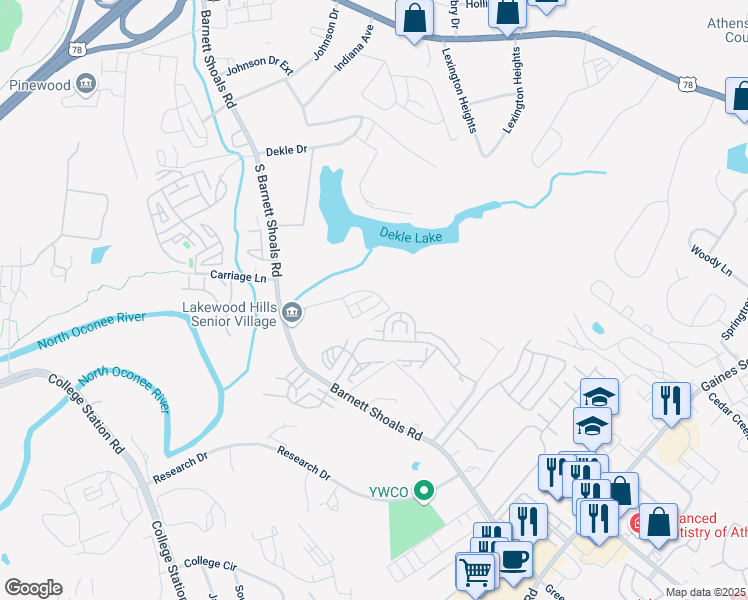 map of restaurants, bars, coffee shops, grocery stores, and more near 210 Lakewood Drive in Athens