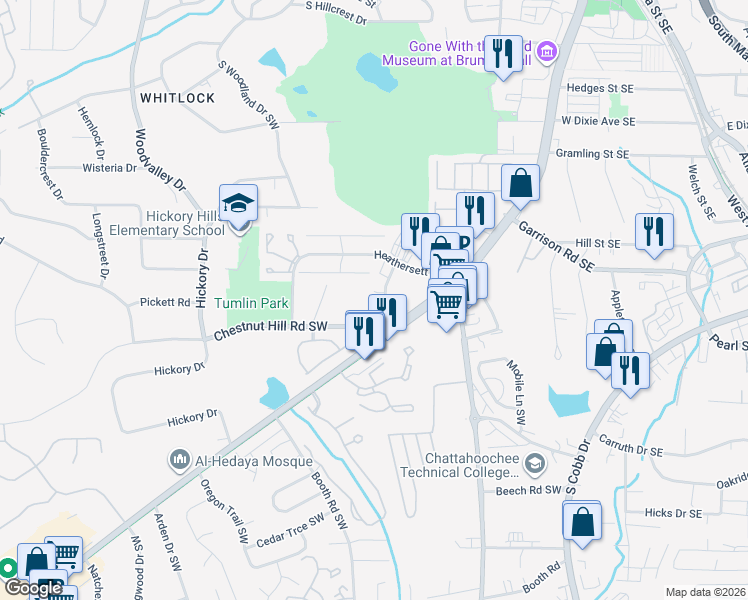 map of restaurants, bars, coffee shops, grocery stores, and more near 718 Fairgate Road Southwest in Marietta
