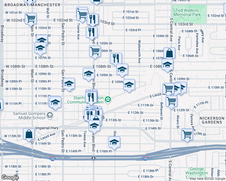 map of restaurants, bars, coffee shops, grocery stores, and more near 714 East 110th Street in Los Angeles