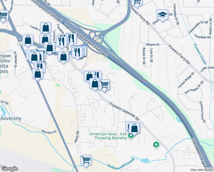 map of restaurants, bars, coffee shops, grocery stores, and more near 707 Franklin Gateway Southeast in Marietta