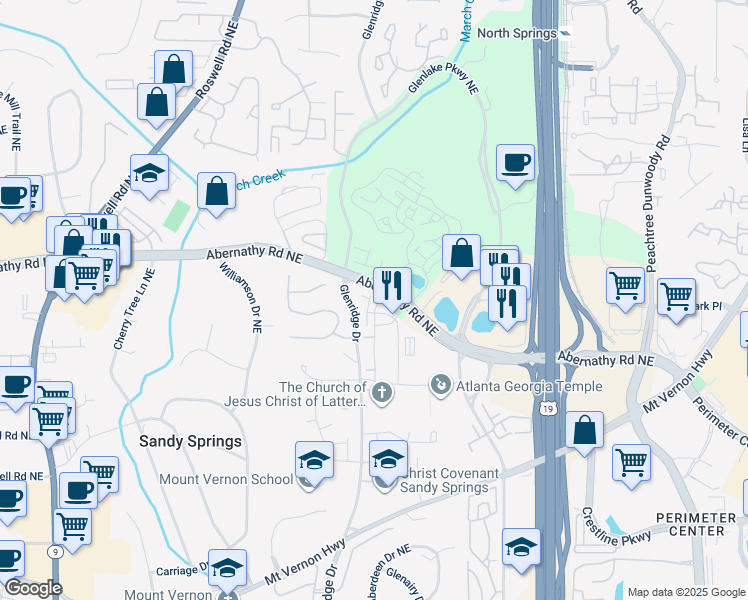 map of restaurants, bars, coffee shops, grocery stores, and more near 6666 Sterling Drive in Sandy Springs