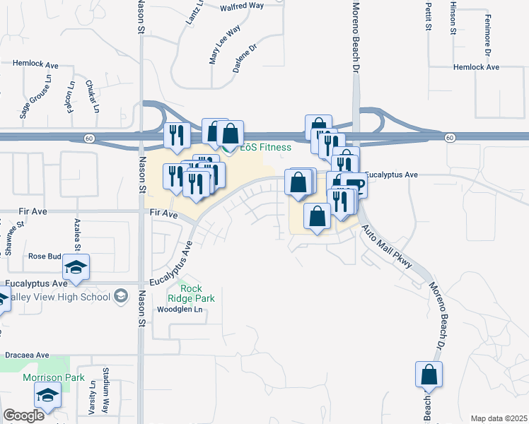 map of restaurants, bars, coffee shops, grocery stores, and more near 27396 Basalt Way in Moreno Valley