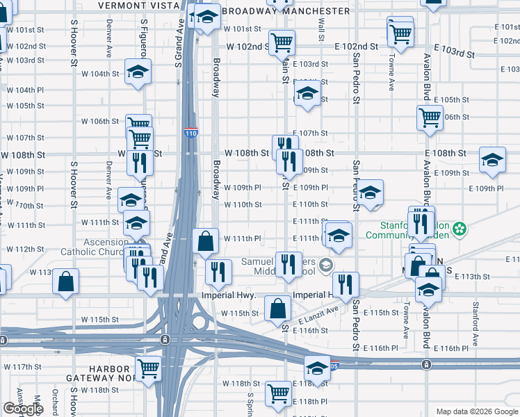map of restaurants, bars, coffee shops, grocery stores, and more near 142 West 110th Street in Los Angeles