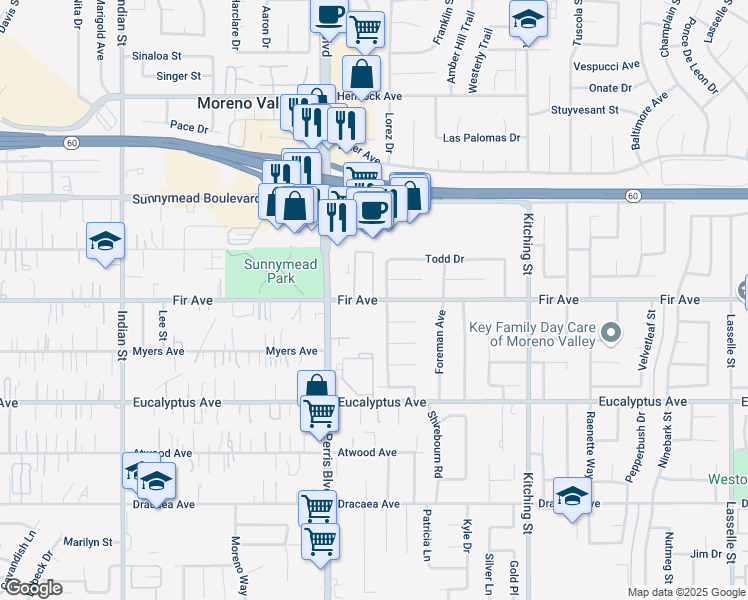 map of restaurants, bars, coffee shops, grocery stores, and more near 25124 Fir Avenue in Moreno Valley
