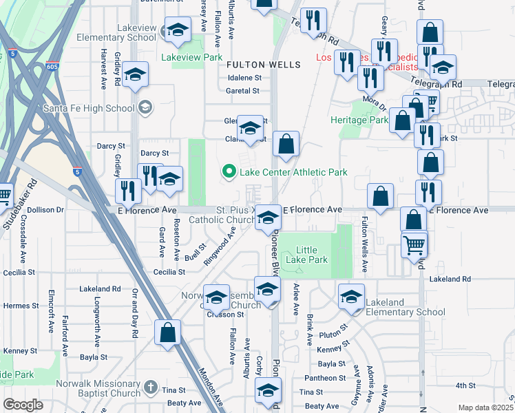map of restaurants, bars, coffee shops, grocery stores, and more near 11745 Florence Avenue in Santa Fe Springs