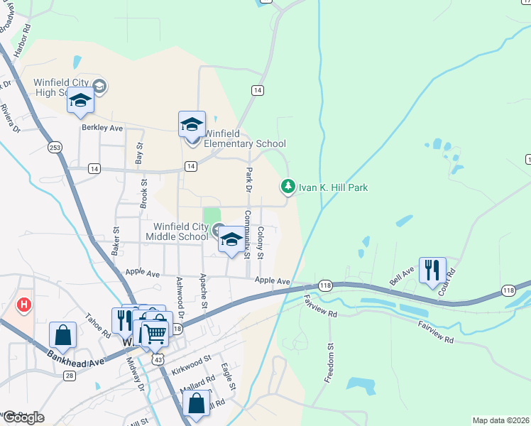map of restaurants, bars, coffee shops, grocery stores, and more near 340 Colony Street in Winfield