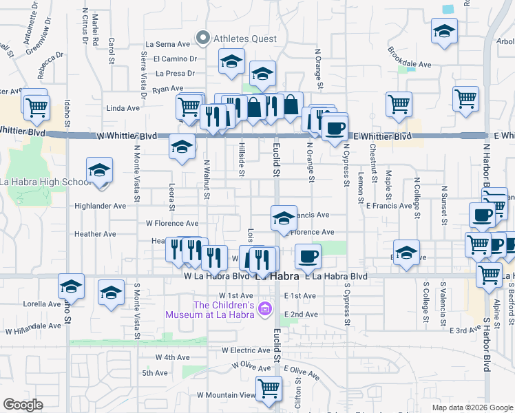 map of restaurants, bars, coffee shops, grocery stores, and more near 501 Lois Street in La Habra