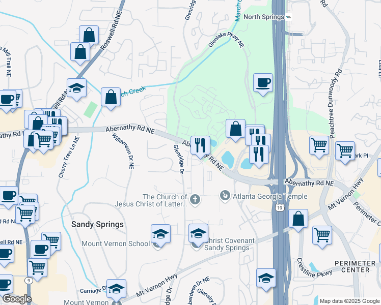 map of restaurants, bars, coffee shops, grocery stores, and more near 6655 Sterling Drive in Sandy Springs