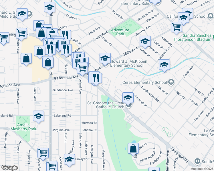 map of restaurants, bars, coffee shops, grocery stores, and more near 13679 Telegraph Road in Whittier