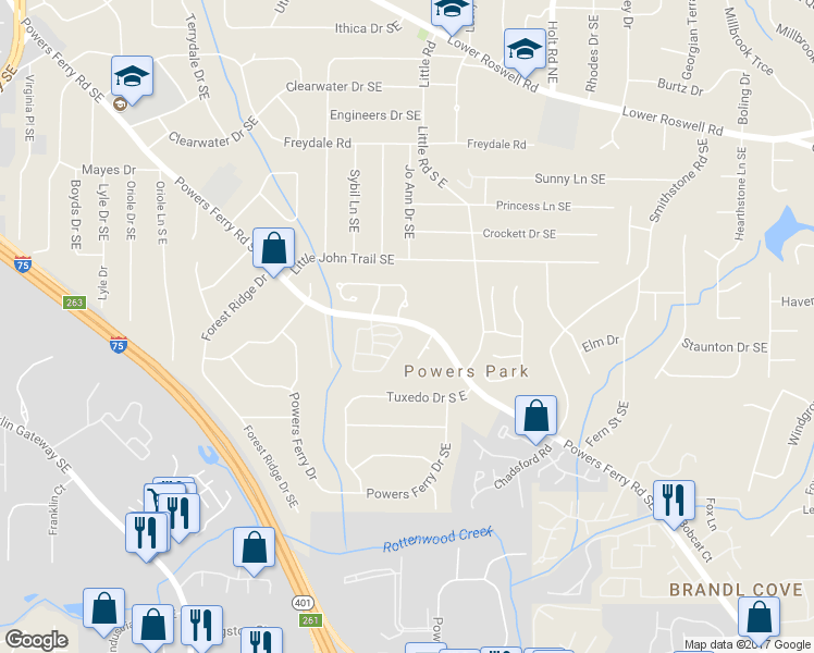 map of restaurants, bars, coffee shops, grocery stores, and more near 794 Gardenside Circle Southeast in Marietta