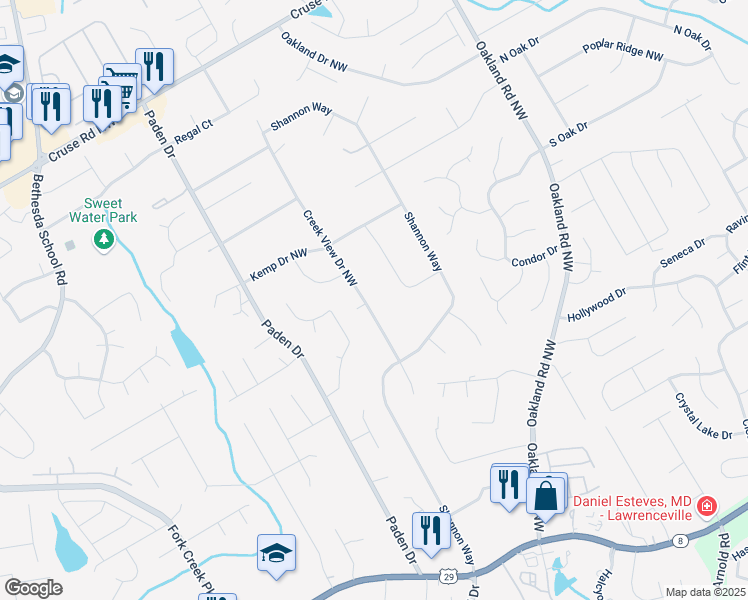 map of restaurants, bars, coffee shops, grocery stores, and more near 568 Creek View Drive Northwest in Lawrenceville
