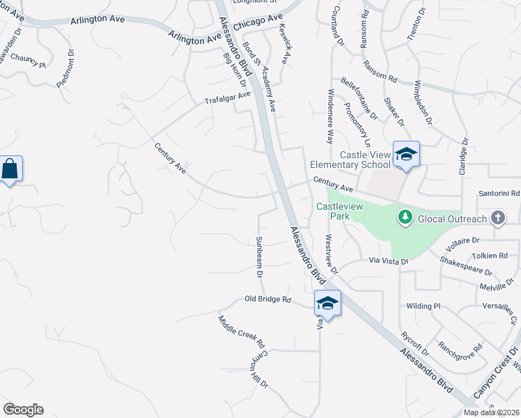 map of restaurants, bars, coffee shops, grocery stores, and more near 1894 Century Avenue in Riverside