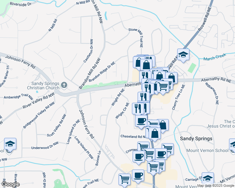 map of restaurants, bars, coffee shops, grocery stores, and more near 6596 Wright Road Northeast in Atlanta