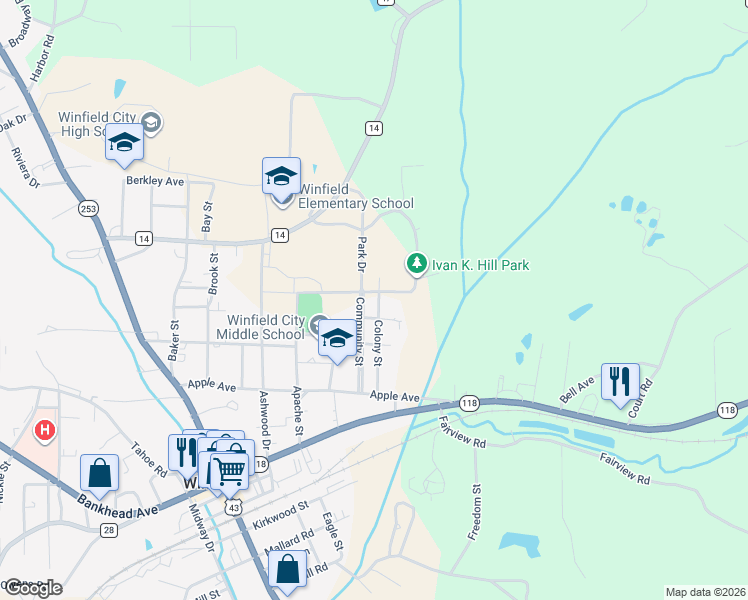 map of restaurants, bars, coffee shops, grocery stores, and more near 340 Colony Street in Winfield