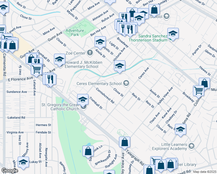 map of restaurants, bars, coffee shops, grocery stores, and more near 14182 Close Street in Whittier