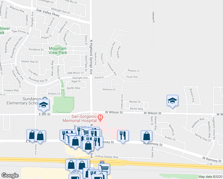 map of restaurants, bars, coffee shops, grocery stores, and more near Mariposa Drive in Banning