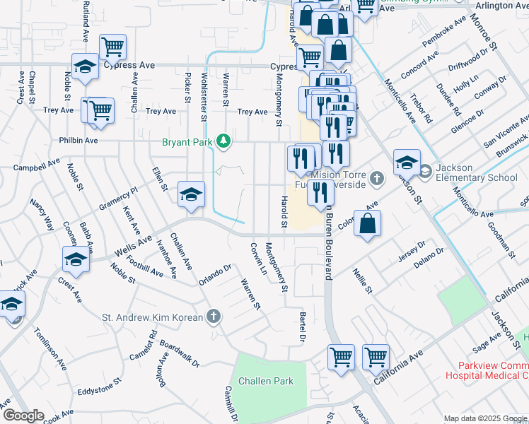 map of restaurants, bars, coffee shops, grocery stores, and more near 5440 Montgomery Street in Riverside