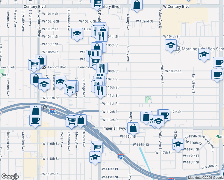 map of restaurants, bars, coffee shops, grocery stores, and more near 3923 West 110th Street in Inglewood